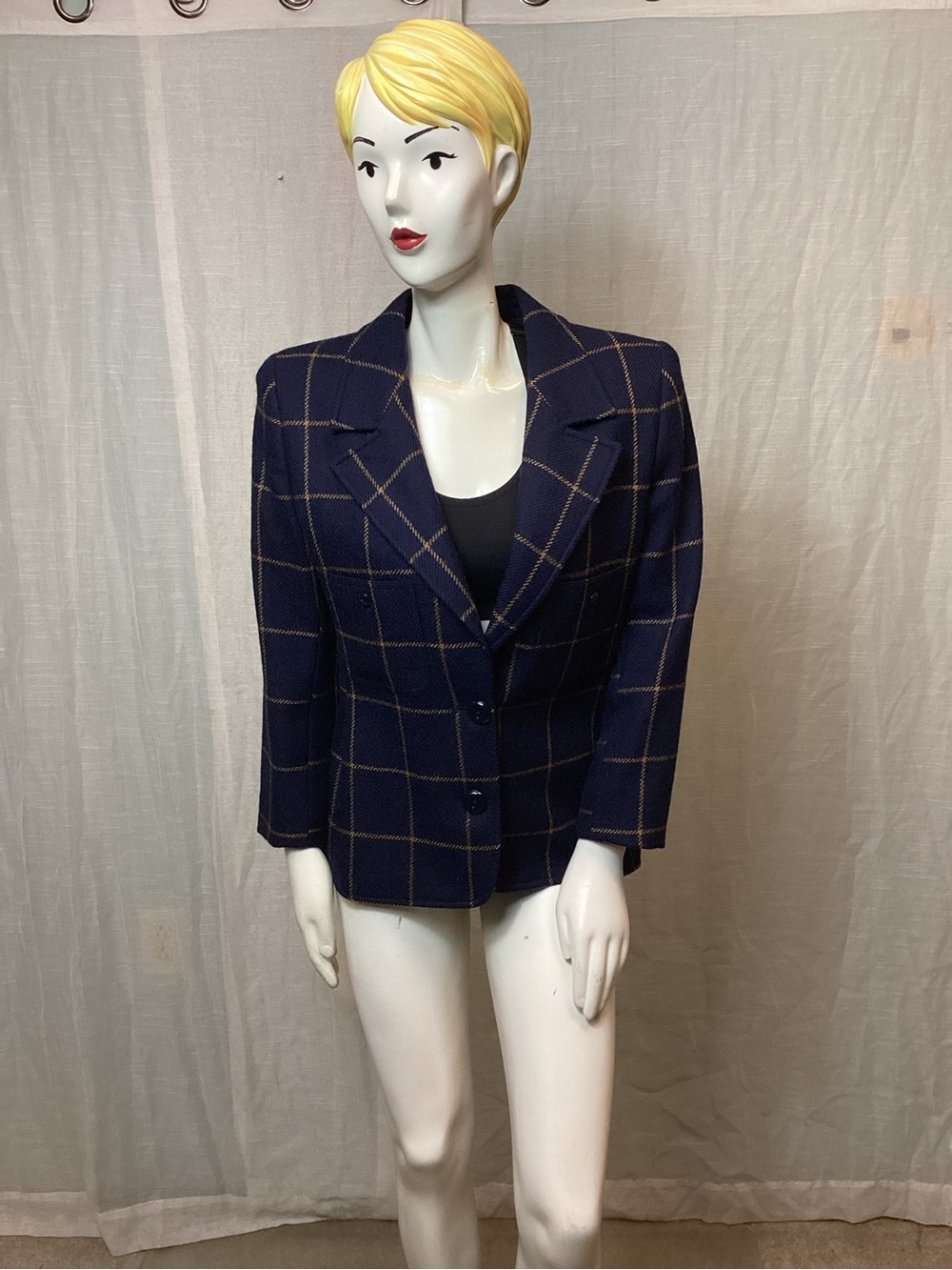 Valentino Navy Blue Windowpane Blazer; Size: 10